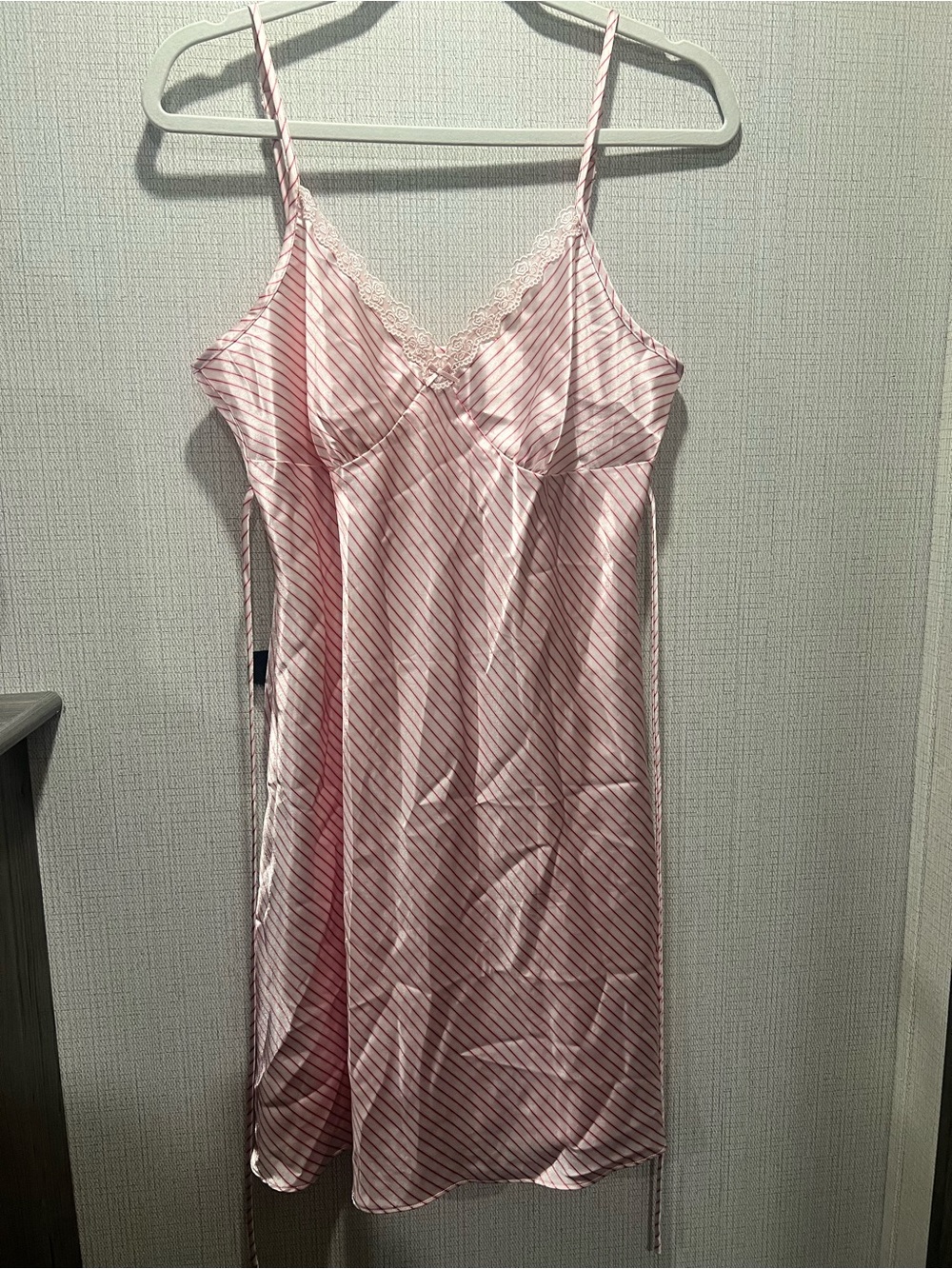 Alonna Pink Satin Stripe Slip Dress Lace Trim Y2K Nightgown M